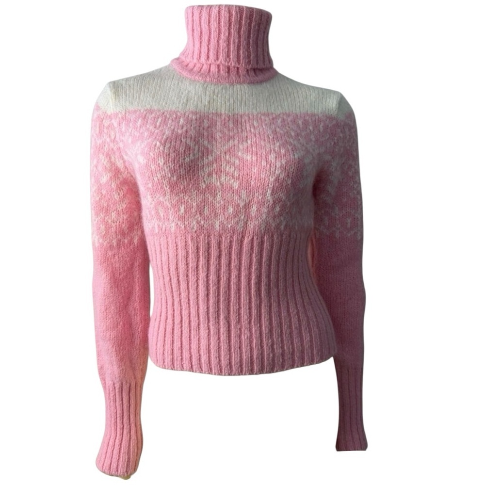 Vintage Fair Isle Turtleneck Sweater Pink Snowflake Y2K Fitted Knit XL